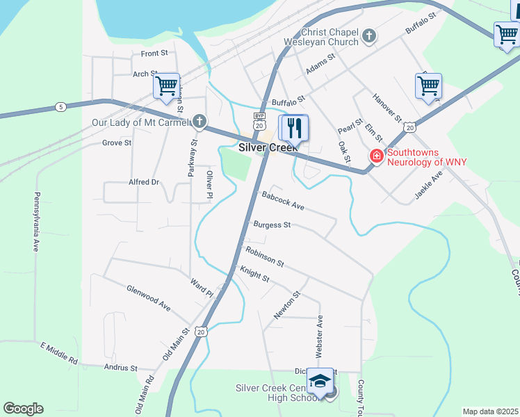 map of restaurants, bars, coffee shops, grocery stores, and more near 60 Main Street in Silver Creek