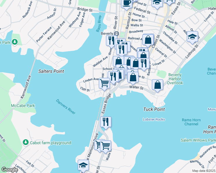 map of restaurants, bars, coffee shops, grocery stores, and more near 8 Cabot Street in Beverly