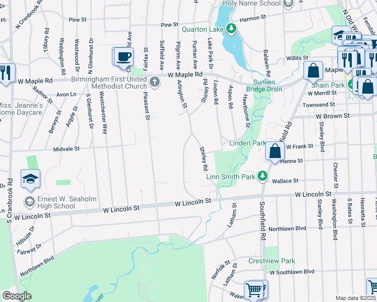 map of restaurants, bars, coffee shops, grocery stores, and more near 645 Arlington Street in Birmingham