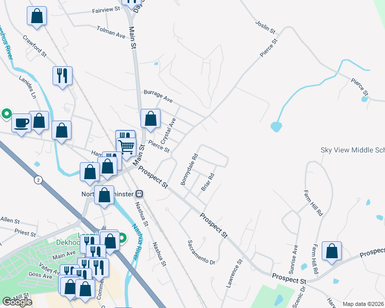 map of restaurants, bars, coffee shops, grocery stores, and more near 124 Bonnydale Road in Leominster