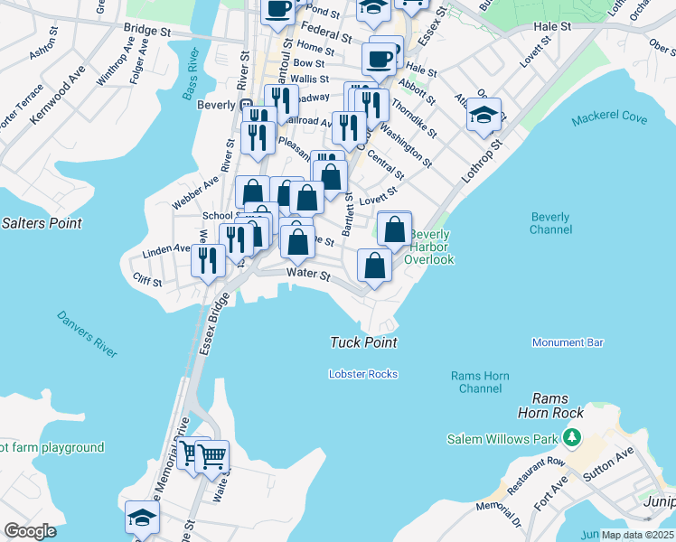 map of restaurants, bars, coffee shops, grocery stores, and more near 63 Front Street in Beverly