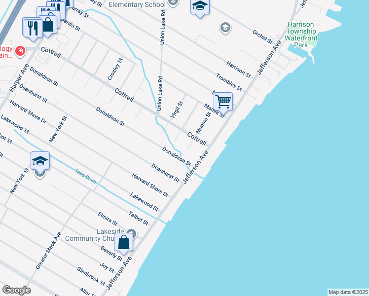 map of restaurants, bars, coffee shops, grocery stores, and more near 34235 Munsie St in Harrison Township