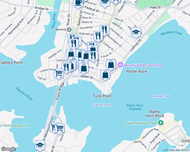 map of restaurants, bars, coffee shops, grocery stores, and more near 63 Front Street in Beverly