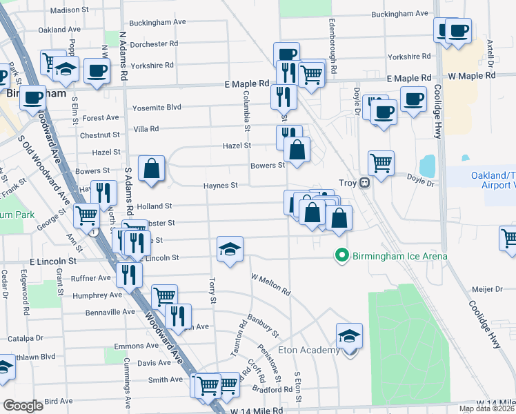 map of restaurants, bars, coffee shops, grocery stores, and more near 1840 Holland Street in Birmingham