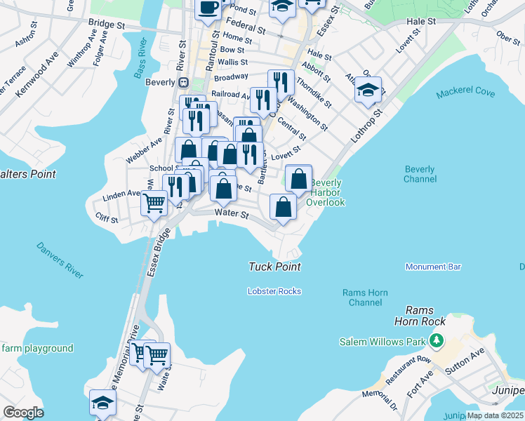 map of restaurants, bars, coffee shops, grocery stores, and more near 63 Front Street in Beverly