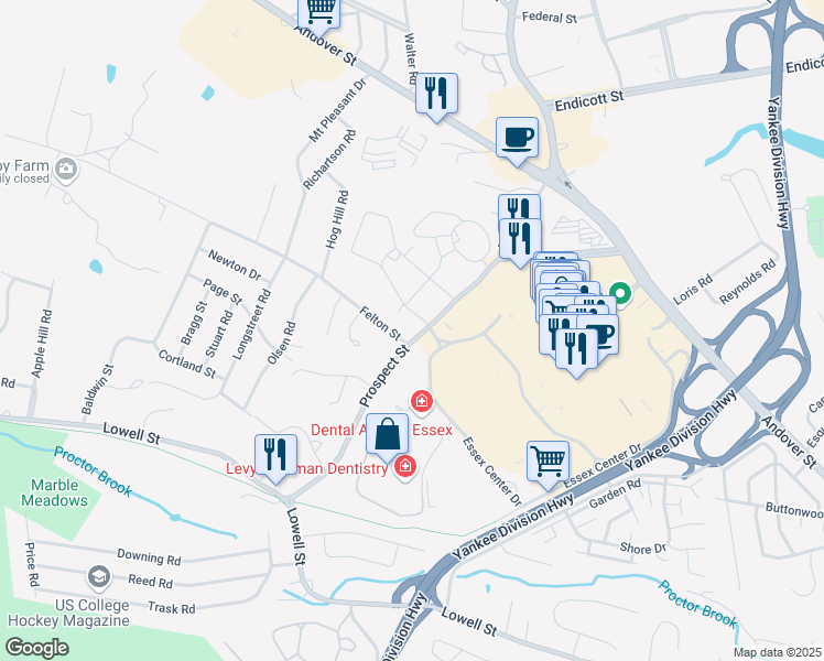 map of restaurants, bars, coffee shops, grocery stores, and more near 46 Prospect Street in Peabody