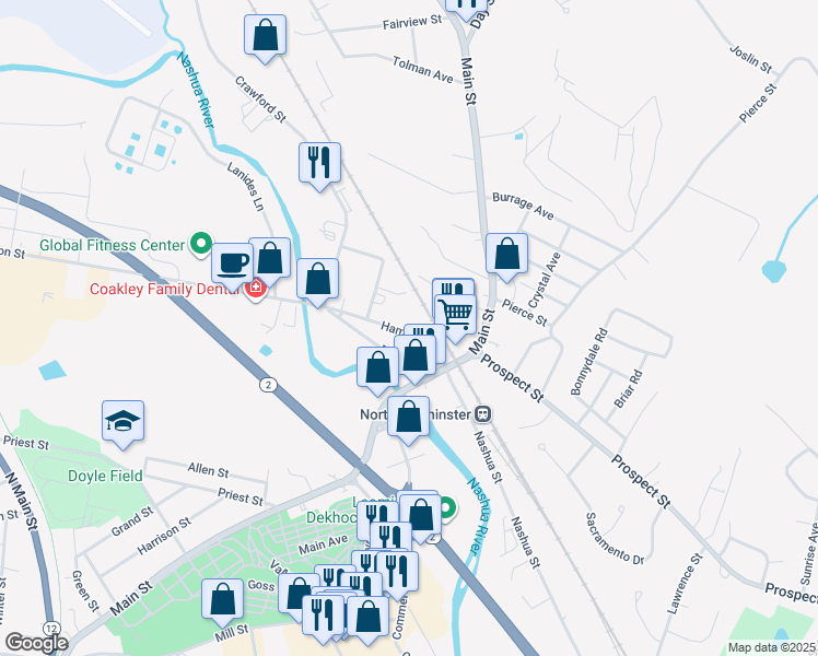 map of restaurants, bars, coffee shops, grocery stores, and more near 37 Hamilton Street in Leominster