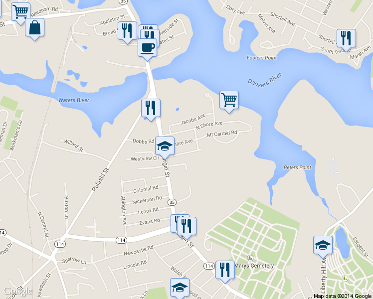 map of restaurants, bars, coffee shops, grocery stores, and more near 16 Margin Terrace in Peabody