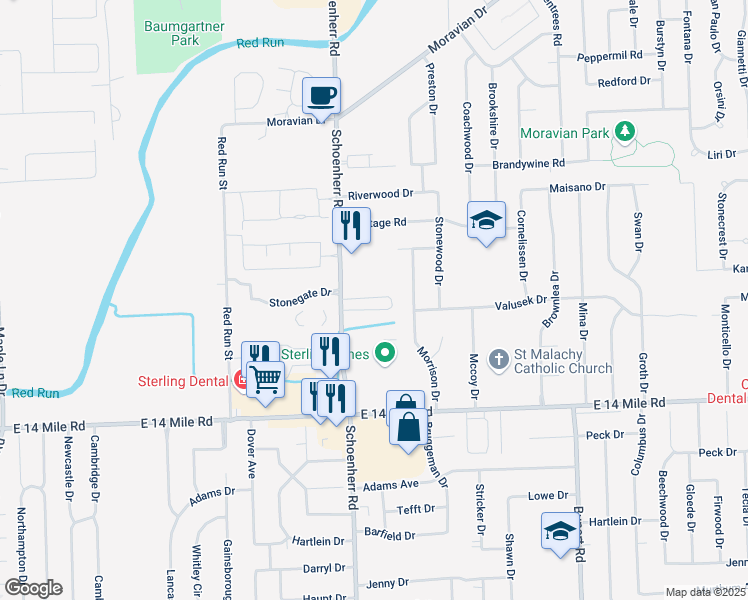 map of restaurants, bars, coffee shops, grocery stores, and more near 33430 Schoenherr Road in Sterling Heights