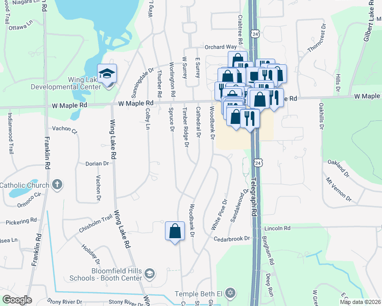 map of restaurants, bars, coffee shops, grocery stores, and more near 6743 Timber Ridge Drive in Oakland County