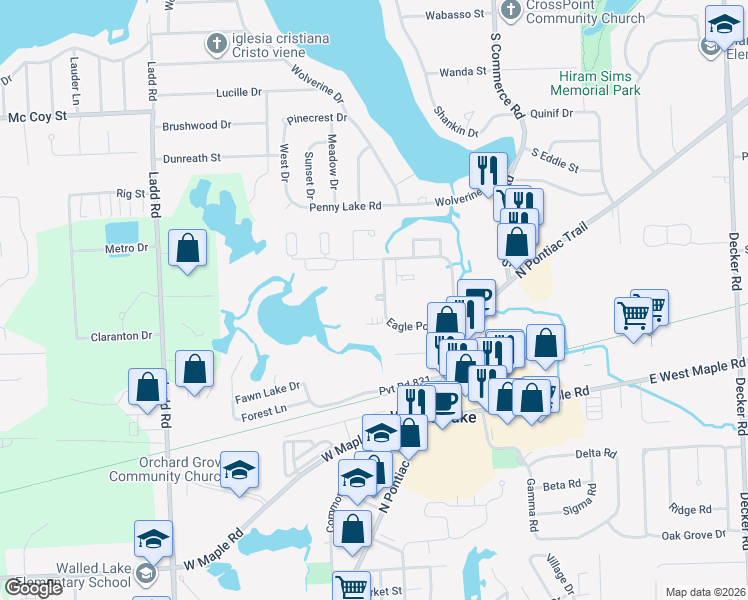 map of restaurants, bars, coffee shops, grocery stores, and more near 300 Eagle Pond Drive in Walled Lake