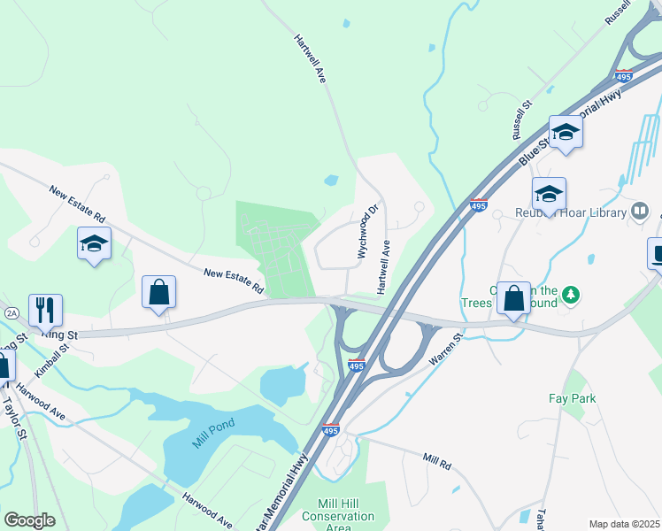 map of restaurants, bars, coffee shops, grocery stores, and more near 63 Wychwood Heights in Littleton