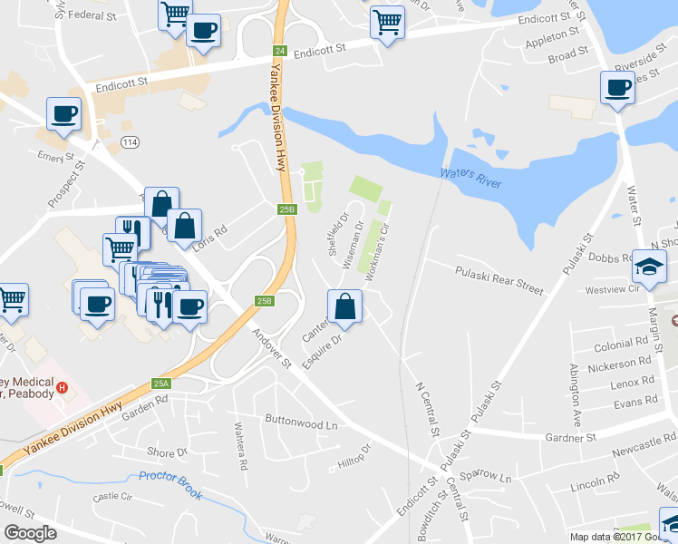 map of restaurants, bars, coffee shops, grocery stores, and more near 4 Wiseman Drive in Peabody