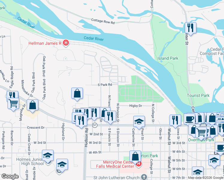 map of restaurants, bars, coffee shops, grocery stores, and more near 419 N Francis St in Cedar Falls