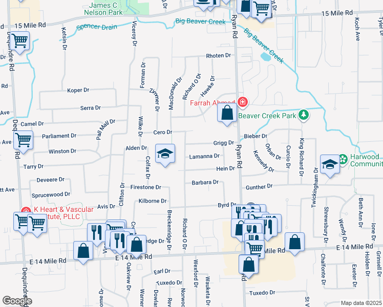 map of restaurants, bars, coffee shops, grocery stores, and more near 3525 Lamanna Drive in Sterling Heights
