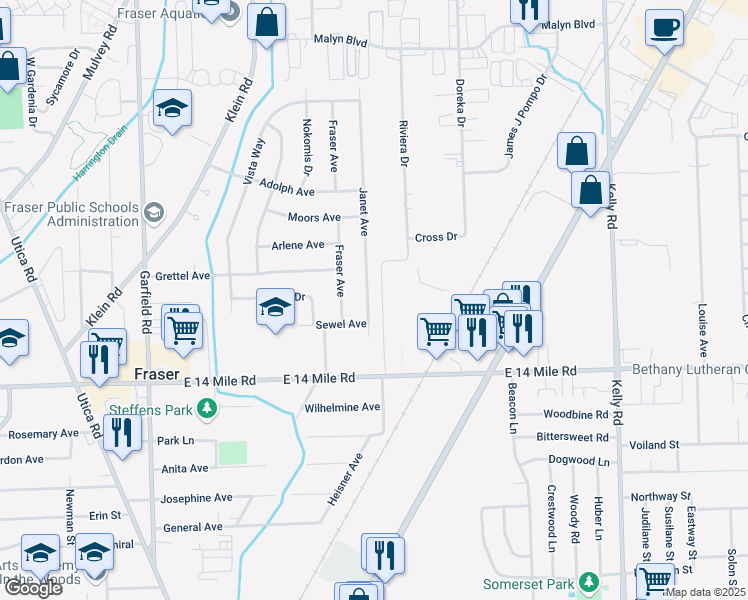map of restaurants, bars, coffee shops, grocery stores, and more near 33160 Janet Avenue in Fraser