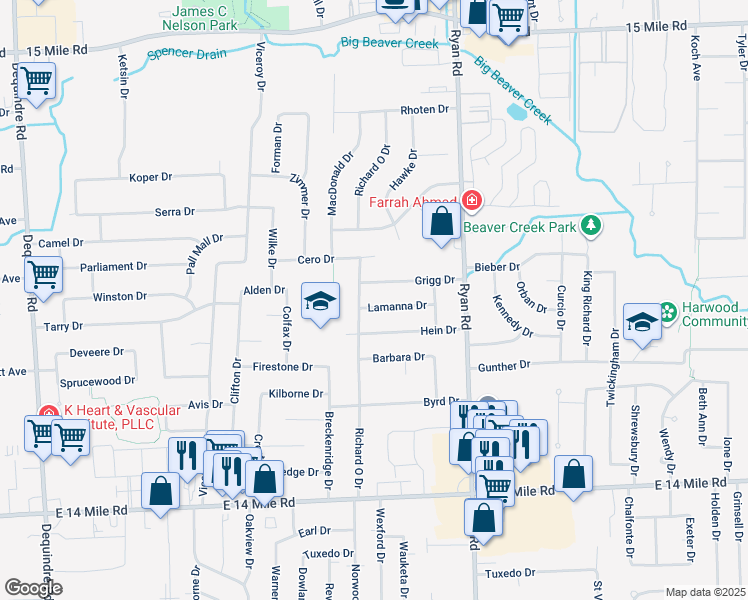 map of restaurants, bars, coffee shops, grocery stores, and more near 3525 Lamanna Drive in Sterling Heights