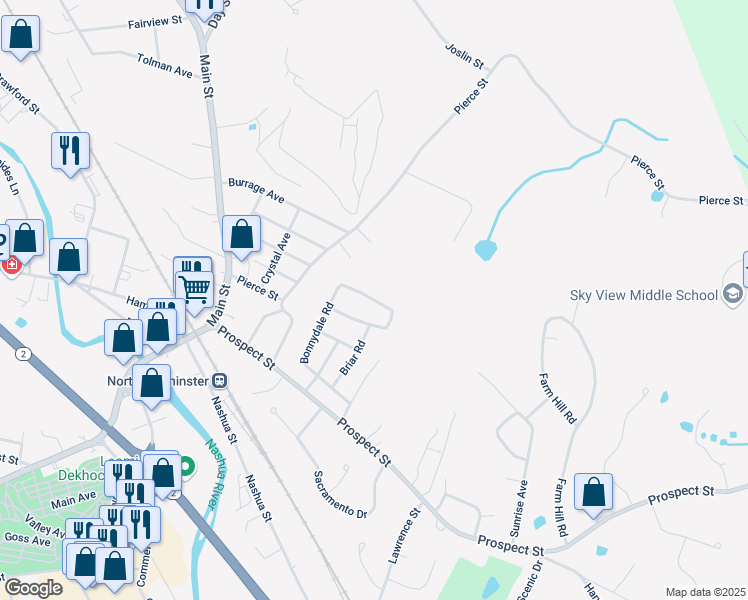map of restaurants, bars, coffee shops, grocery stores, and more near 58 Cloverleaf Road in Leominster