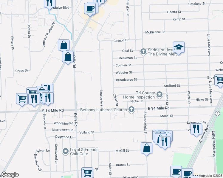 map of restaurants, bars, coffee shops, grocery stores, and more near 33341 Cheryl Street in Macomb County