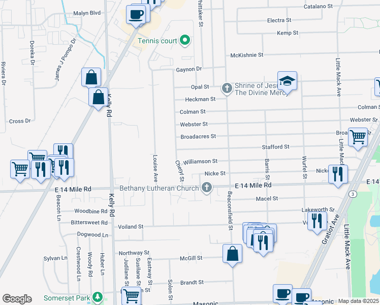 map of restaurants, bars, coffee shops, grocery stores, and more near 19406 Stafford Street in Clinton Township