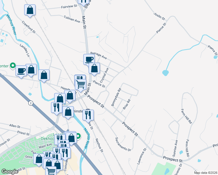 map of restaurants, bars, coffee shops, grocery stores, and more near 53 Pierce Street in Leominster