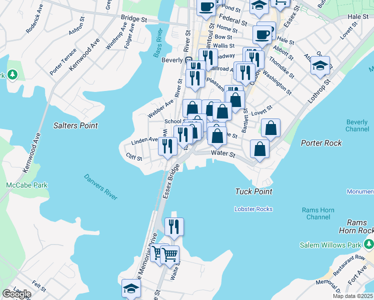 map of restaurants, bars, coffee shops, grocery stores, and more near 24 Cabot Street in Beverly