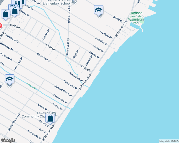 map of restaurants, bars, coffee shops, grocery stores, and more near 34257 Jefferson Avenue in Harrison Township