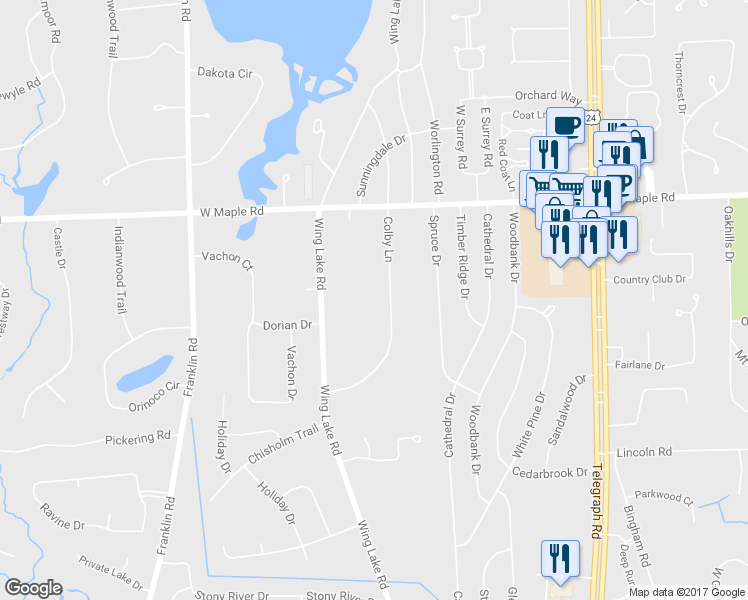 map of restaurants, bars, coffee shops, grocery stores, and more near 6730 Colby Lane in Bloomfield Hills
