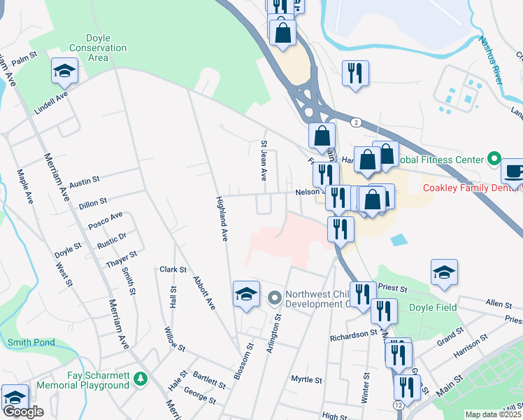 map of restaurants, bars, coffee shops, grocery stores, and more near 37 Dimassa Drive in Leominster