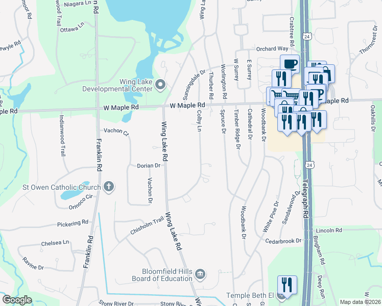 map of restaurants, bars, coffee shops, grocery stores, and more near 6730 Colby Lane in Bloomfield Hills