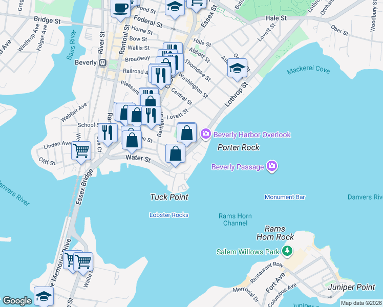 map of restaurants, bars, coffee shops, grocery stores, and more near 27 Lothrop Street in Beverly