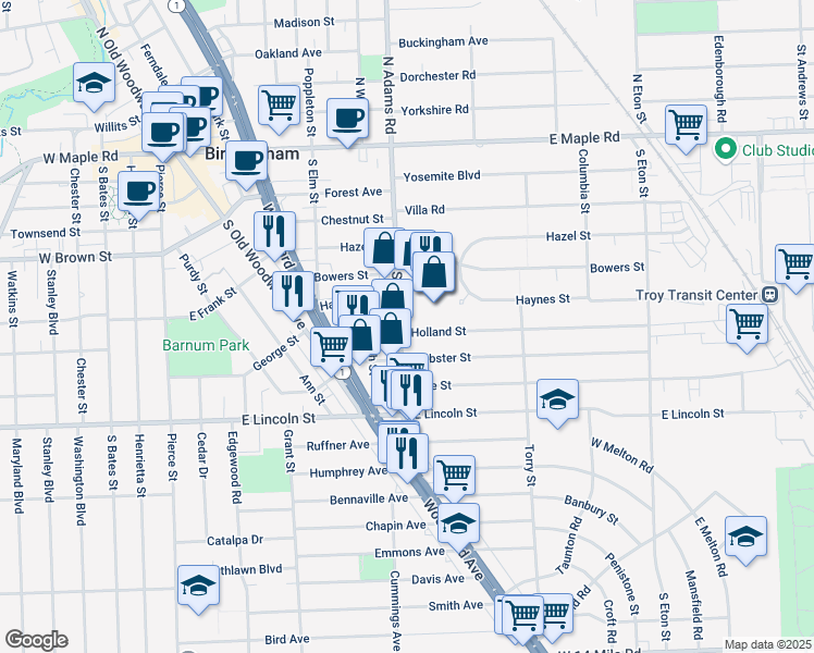 map of restaurants, bars, coffee shops, grocery stores, and more near 1137 Holland Street in Birmingham