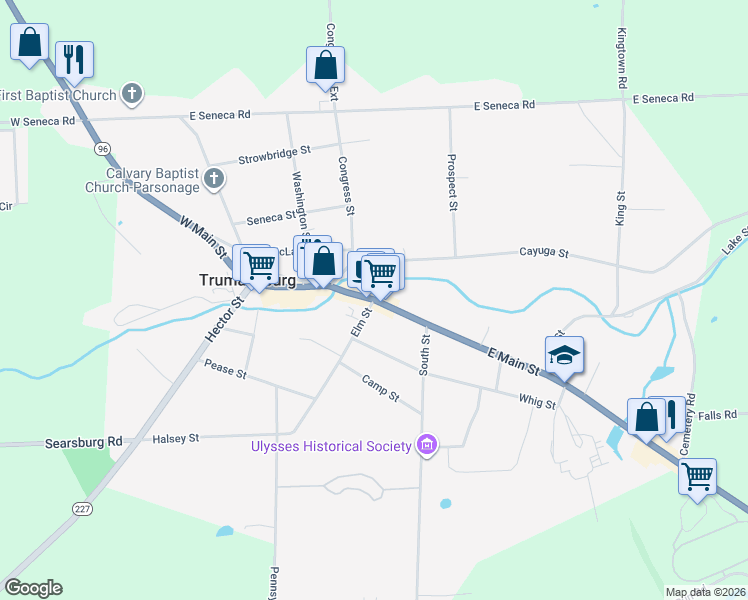 map of restaurants, bars, coffee shops, grocery stores, and more near East Main Street & Elm Street in Trumansburg