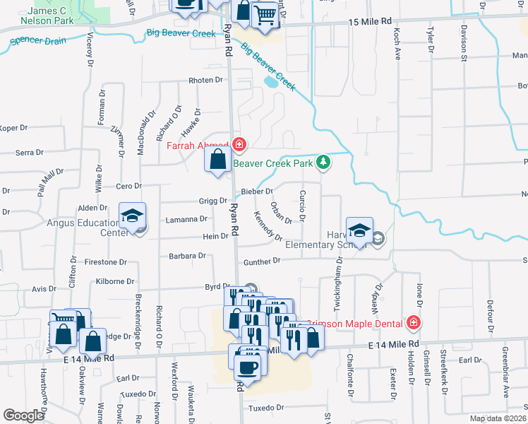 map of restaurants, bars, coffee shops, grocery stores, and more near 33788 Kennedy Drive in Sterling Heights
