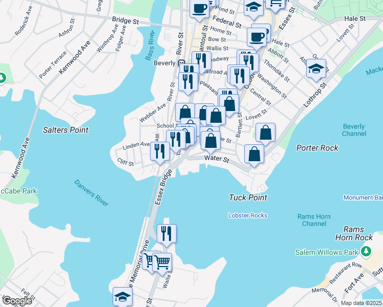 map of restaurants, bars, coffee shops, grocery stores, and more near 24 Cabot Street in Beverly