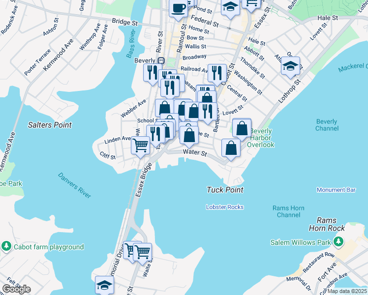 map of restaurants, bars, coffee shops, grocery stores, and more near 15 Front Street in Beverly