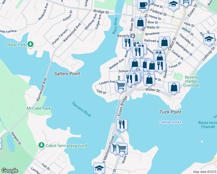 map of restaurants, bars, coffee shops, grocery stores, and more near 4 Moulton Court in Beverly
