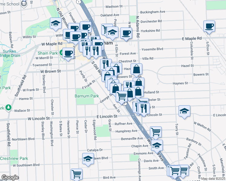 map of restaurants, bars, coffee shops, grocery stores, and more near 772 South Old Woodward Avenue in Birmingham