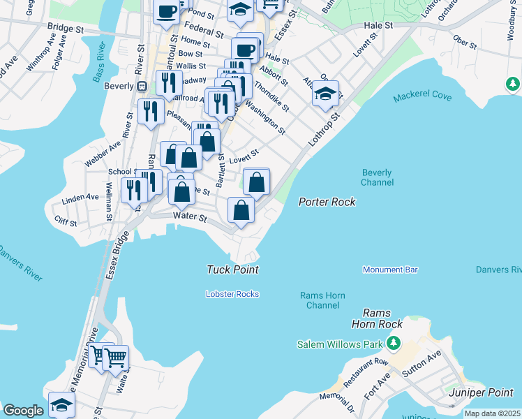 map of restaurants, bars, coffee shops, grocery stores, and more near 25 Lothrop Street in Beverly