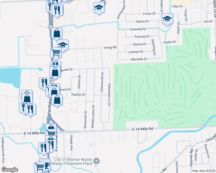 map of restaurants, bars, coffee shops, grocery stores, and more near 33649 Sebastian Lane Drive in Sterling Heights