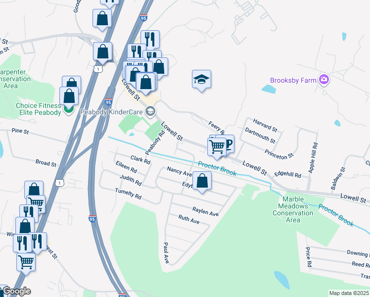 map of restaurants, bars, coffee shops, grocery stores, and more near 5 Albert Road in Peabody