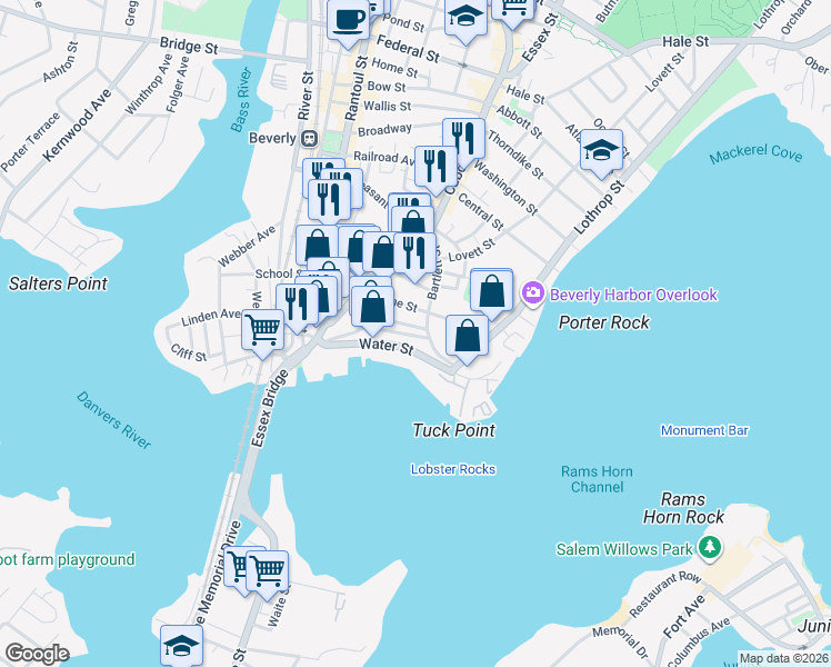 map of restaurants, bars, coffee shops, grocery stores, and more near 63 Front Street in Beverly