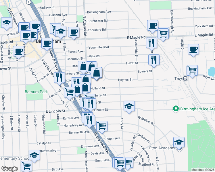 map of restaurants, bars, coffee shops, grocery stores, and more near 1462 Holland Street in Birmingham