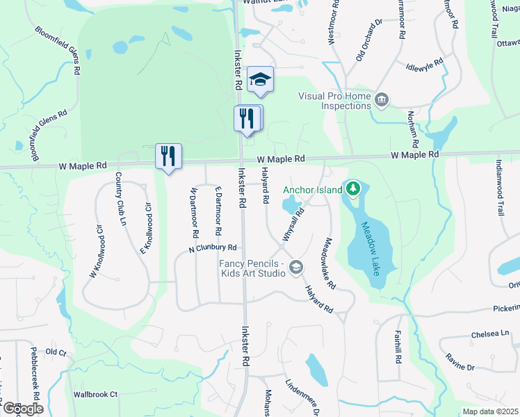 map of restaurants, bars, coffee shops, grocery stores, and more near 6700 Halyard Road in Bloomfield Hills