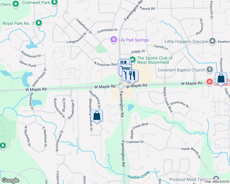 map of restaurants, bars, coffee shops, grocery stores, and more near 6530 Farmington Rd in West Bloomfield Township