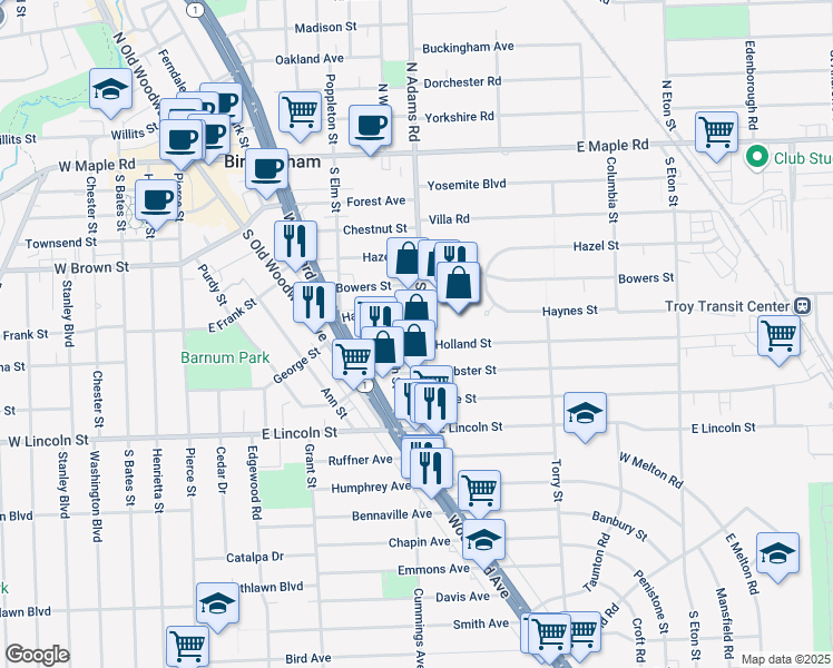 map of restaurants, bars, coffee shops, grocery stores, and more near 770 South Adams Road in Birmingham