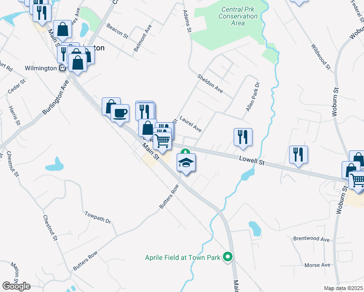 map of restaurants, bars, coffee shops, grocery stores, and more near 57 Massachusetts 129 in Wilmington