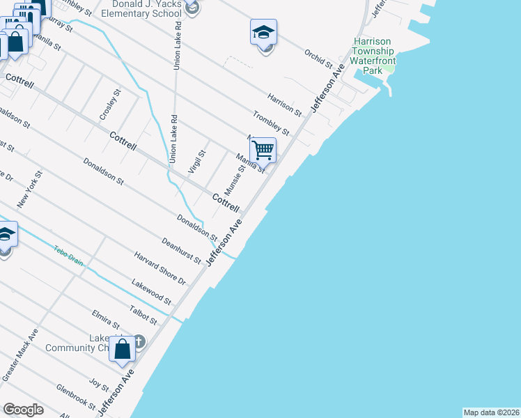 map of restaurants, bars, coffee shops, grocery stores, and more near 34304 Jefferson Avenue in Harrison Township