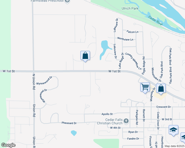 map of restaurants, bars, coffee shops, grocery stores, and more near 445-519 Winding Ridge Rd in Cedar Falls