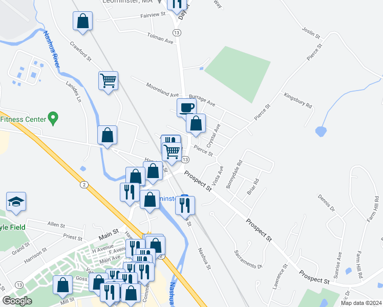 map of restaurants, bars, coffee shops, grocery stores, and more near 593 Main Street in Leominster